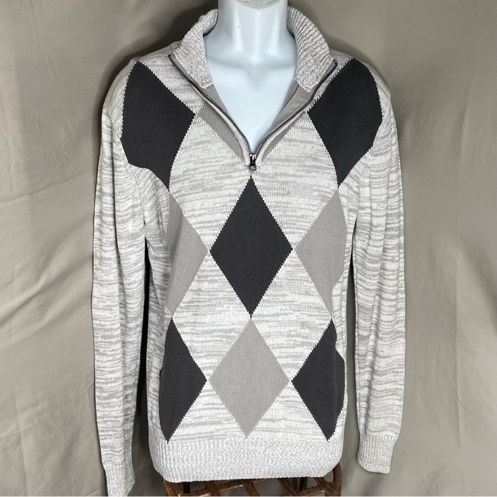 Carbon Men's Zip Up Argyle Sweater - Gray and Black